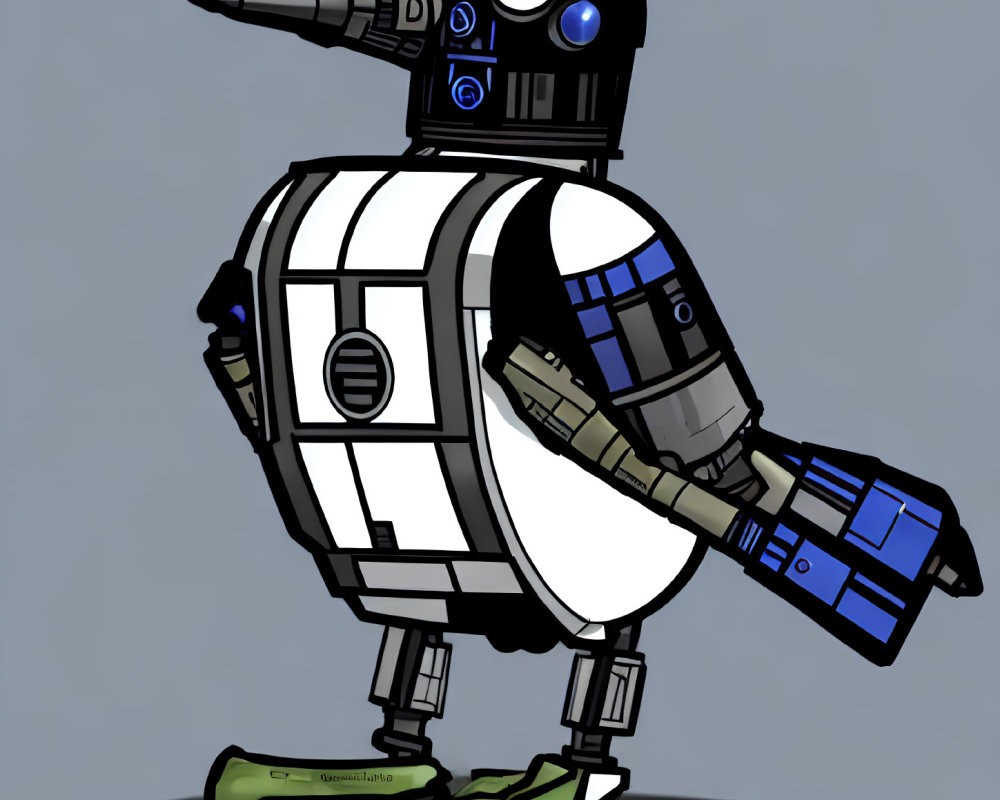 White and Blue Droid with Drill Nose and Pliers Hands Standing on Boots