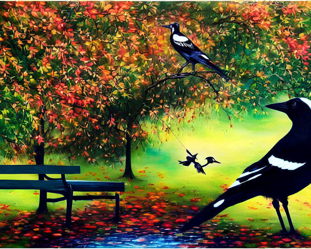 Colorful autumn park painting with magpie on bench and flying bird