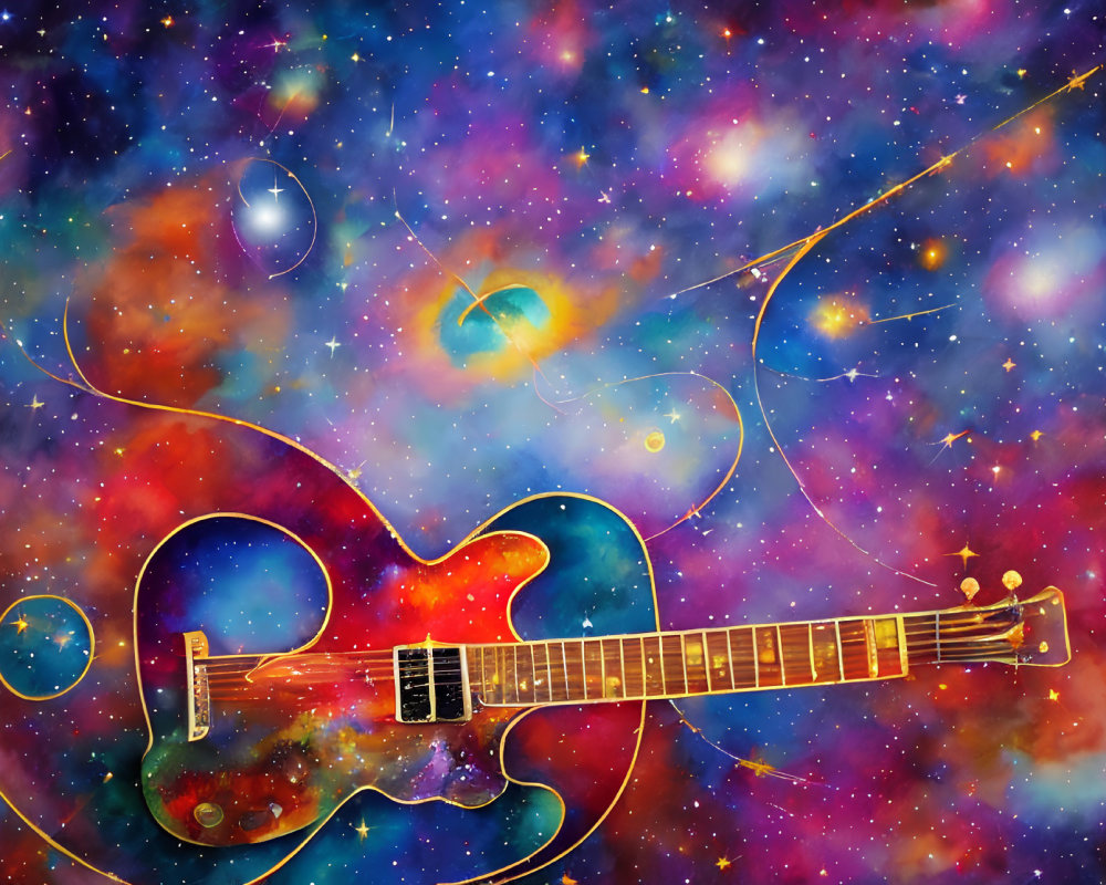Colorful Semi-Hollow Electric Guitar on Cosmic Background