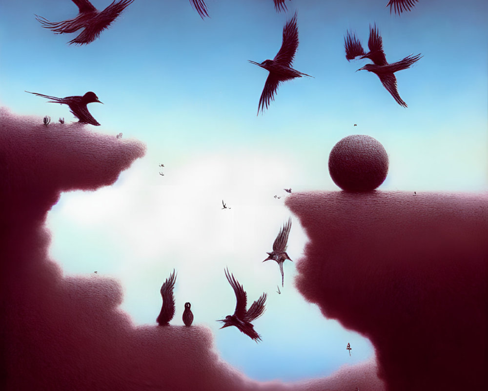 Silhouetted birds flying around sphere on cliff under blue sky