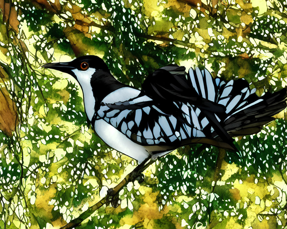 Monochrome bird on branch in lush foliage scene.