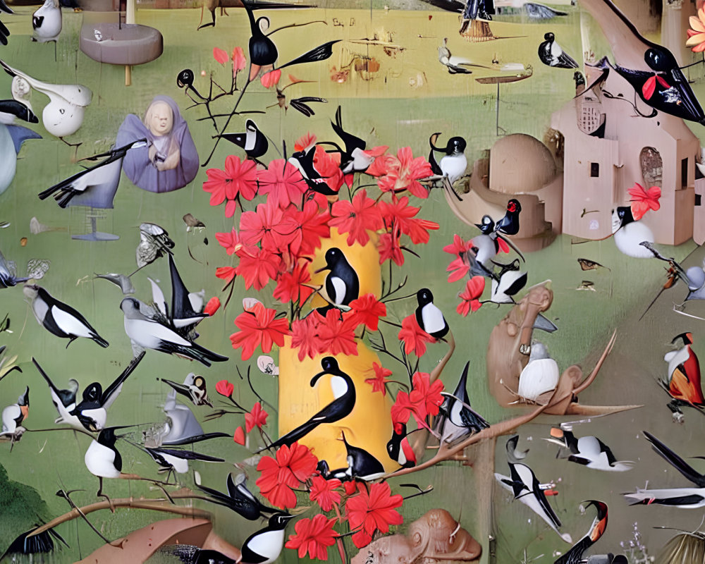 Colorful bird and flower painting on green-yellow backdrop