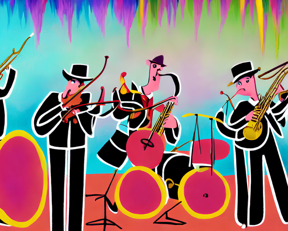 Vibrant animated jazz band with trumpet, drums, and trombone against colorful abstract backdrop