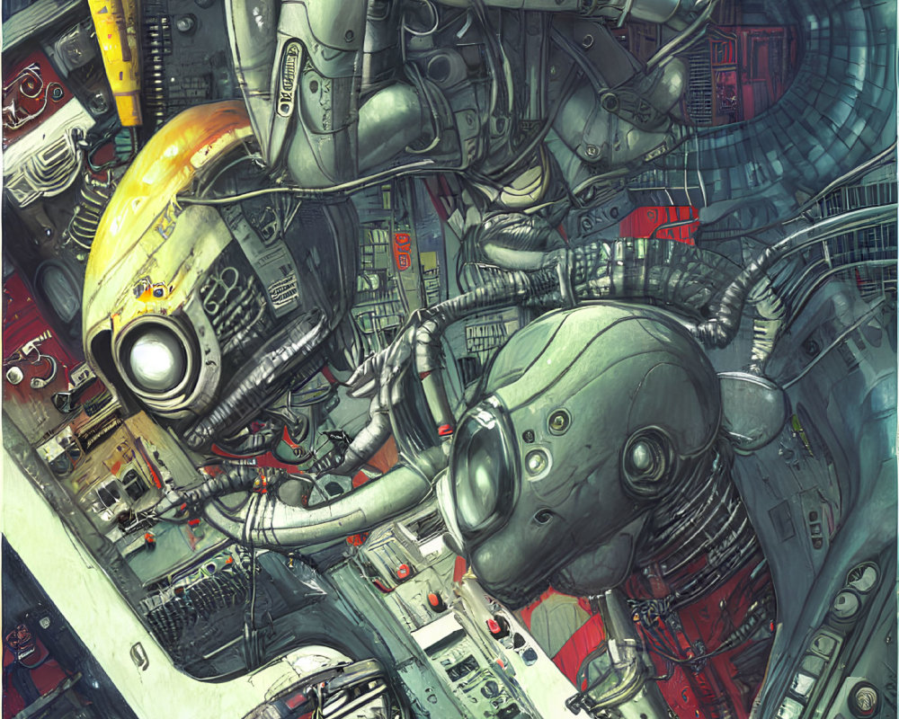 Detailed illustration of robots in complex mechanical environment