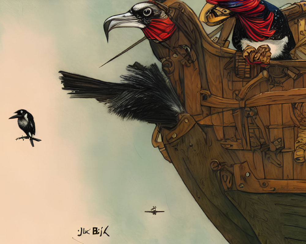 Anthropomorphic crow pirate on ship with flying bird in sky