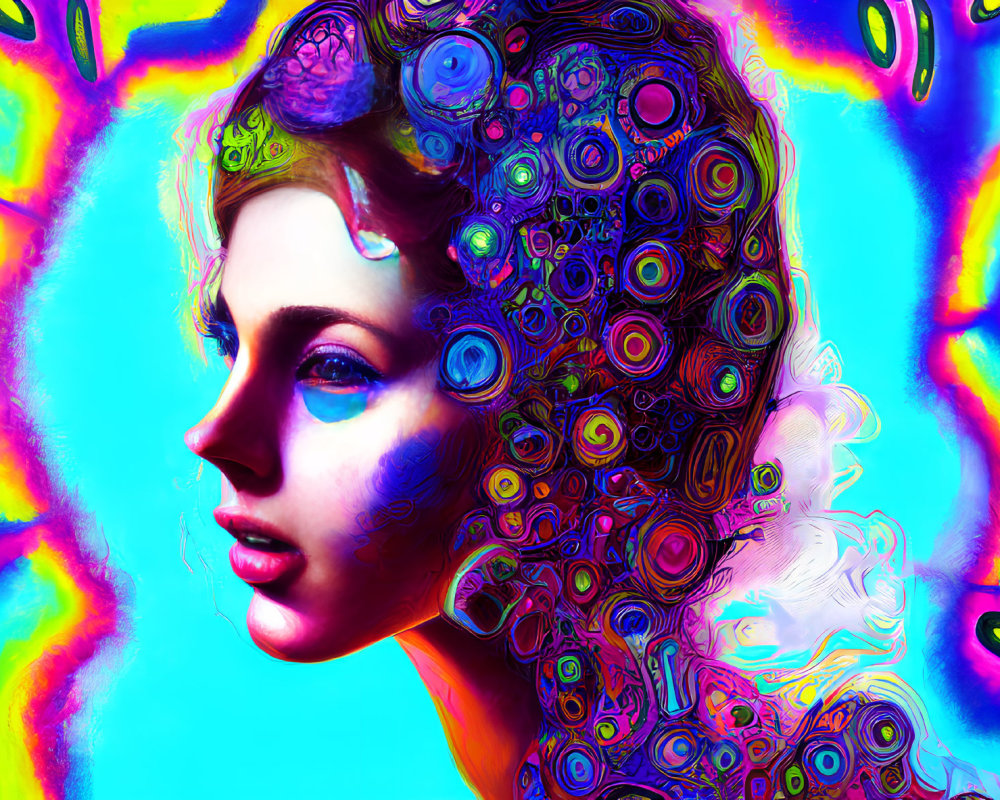 Colorful digital art featuring a woman with psychedelic patterns on a blue background