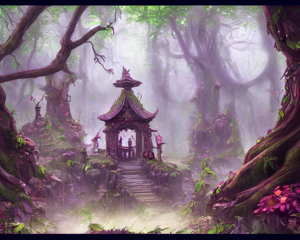 Mystical forest with purple flora, pagoda, stone steps, and foggy ancient trees