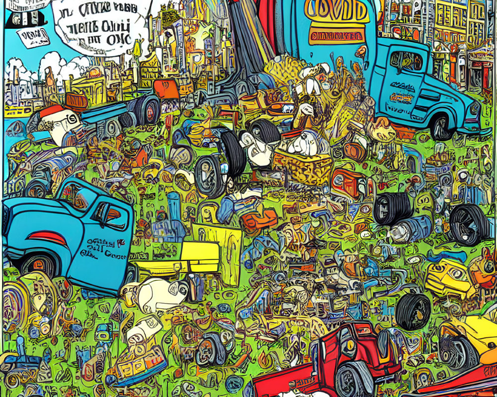 Vibrant illustration of cluttered city scene with COVID and The New Normal texts