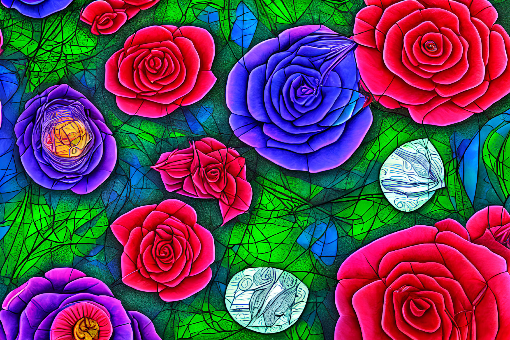 Colorful Digital Art: Red, Purple, and Blue Roses with Leaf Patterns