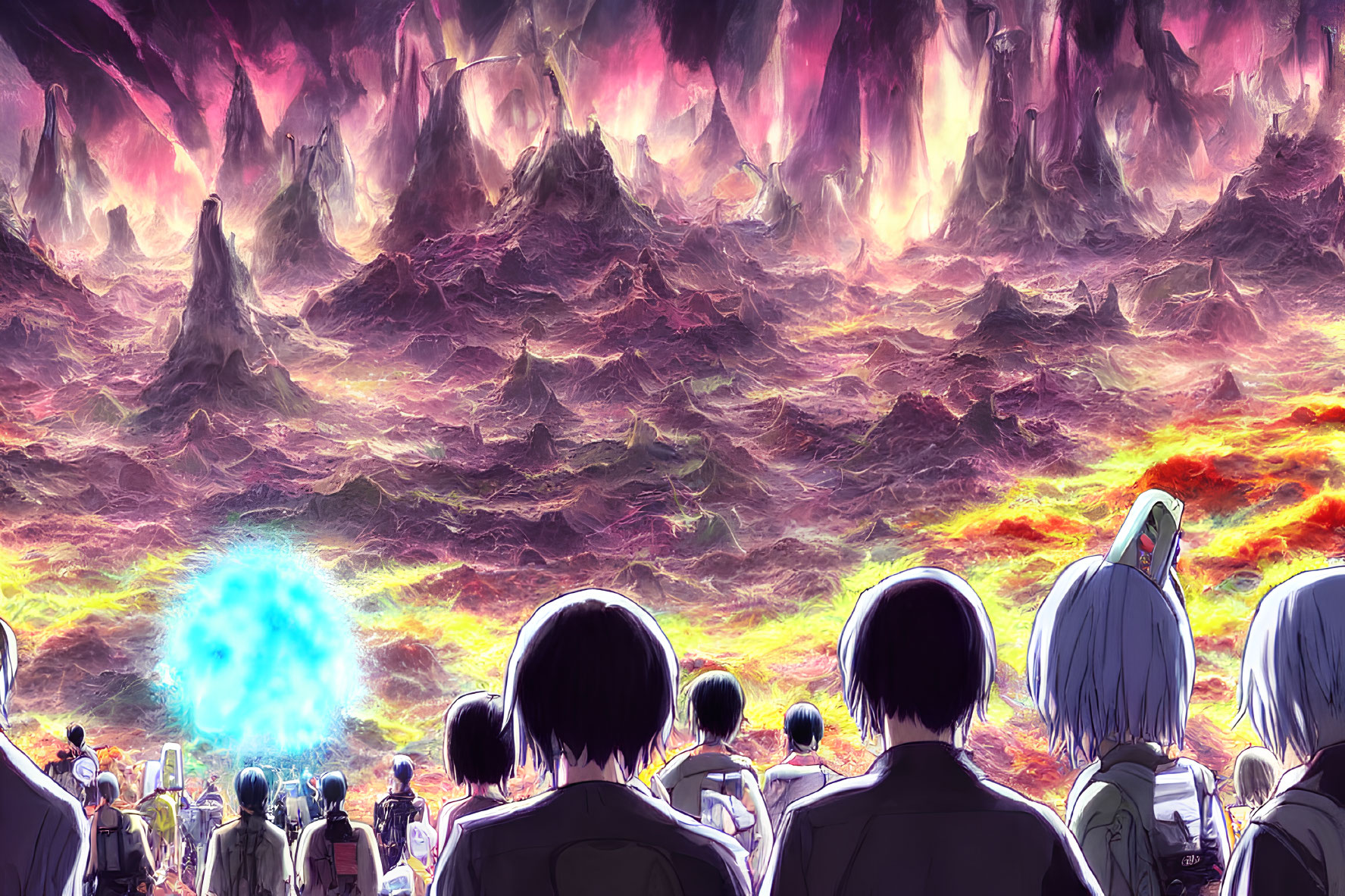 Group of people observe glowing blue orb in fiery, apocalyptic landscape
