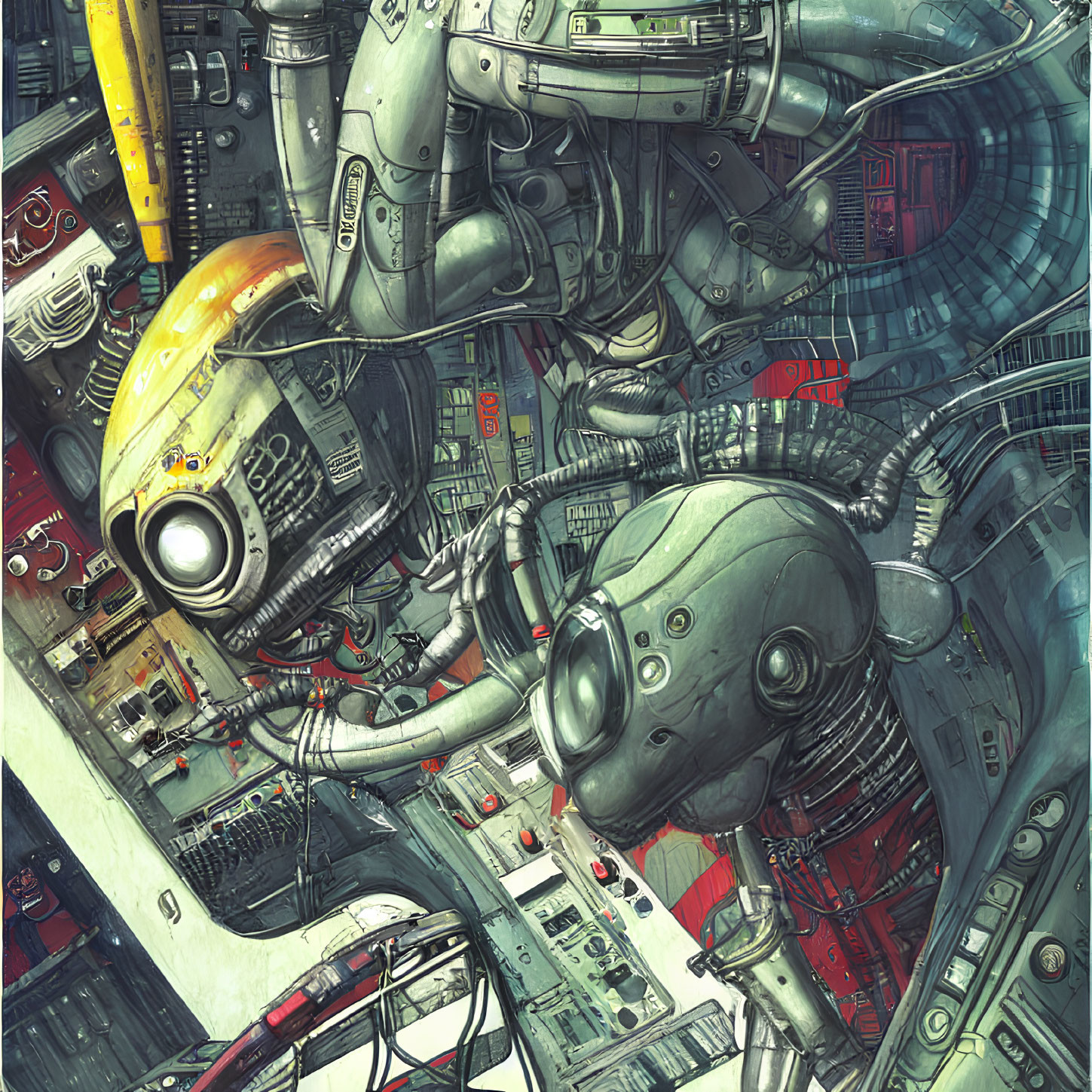 Detailed illustration of robots in complex mechanical environment