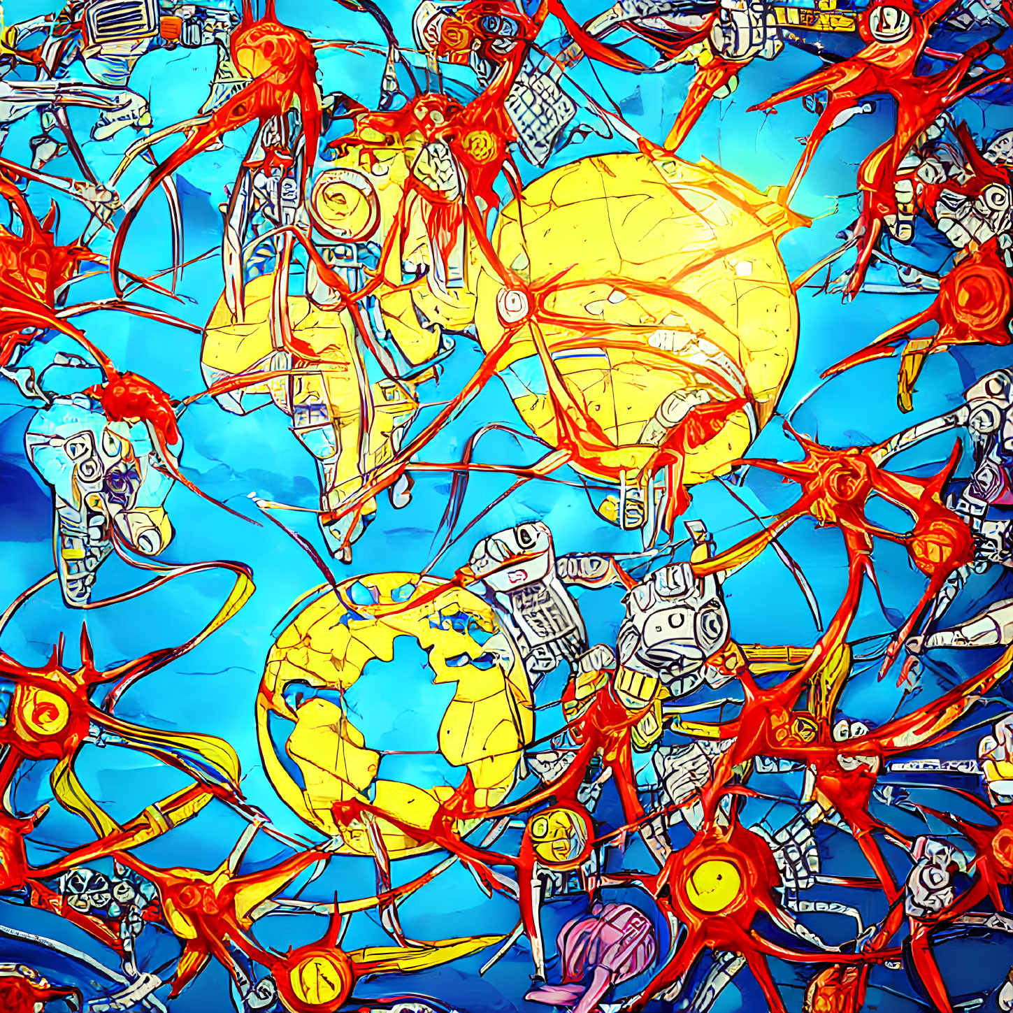 Vibrant Abstract Art: Red, Yellow Organic Shapes with Blue Robotic Figures