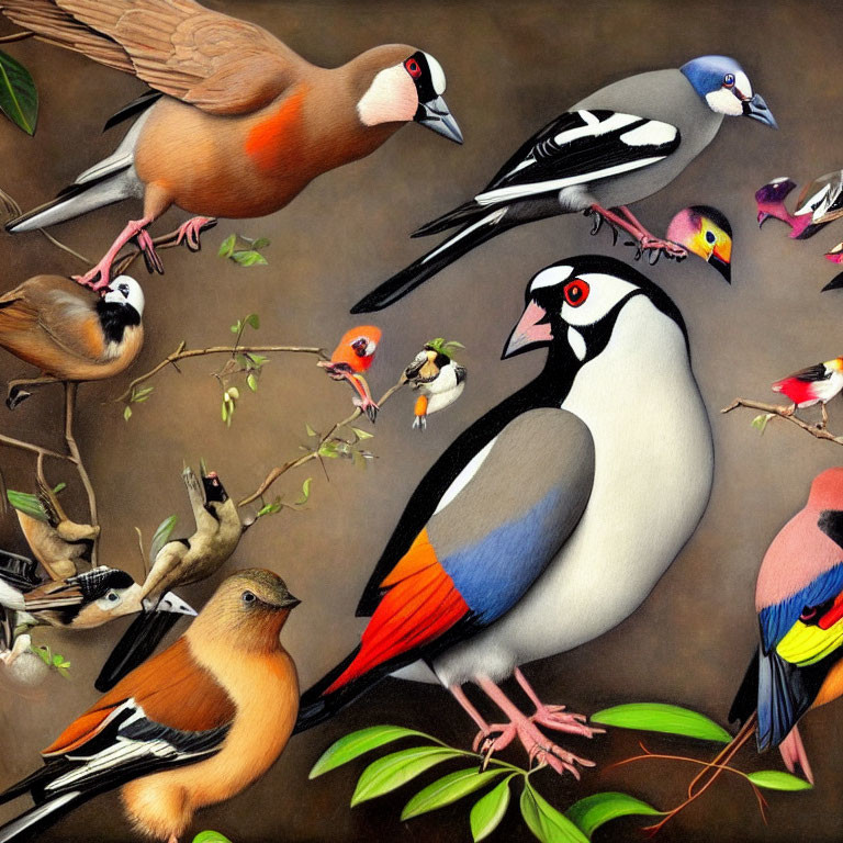 Colorful Birds Perched on Branches Against Brown Background