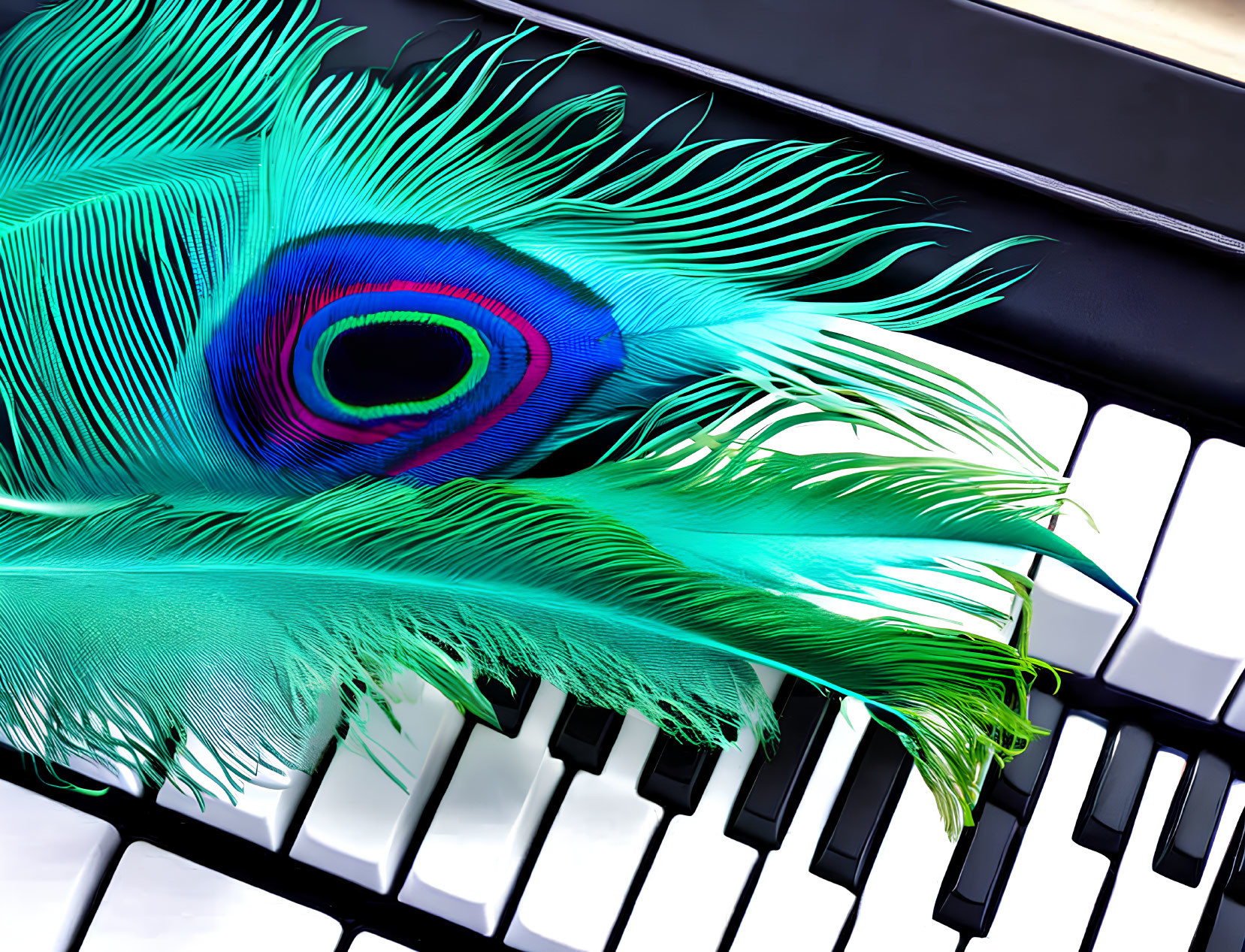 Colorful peacock feather with blue eye pattern on piano keys