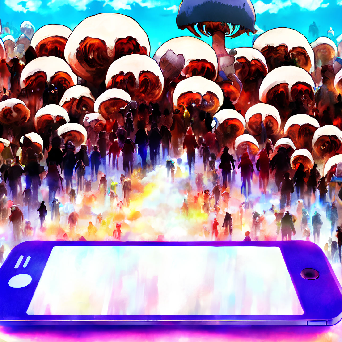 Colorful silhouettes and mushroom clouds behind a smartphone in surreal setting