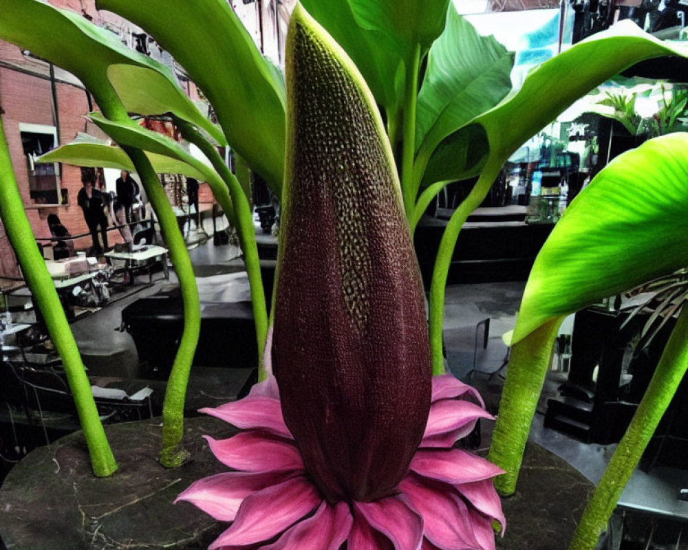 Colorful digital artwork: surreal flower with purple spadix and pink petals, surrounded by oversized leaves