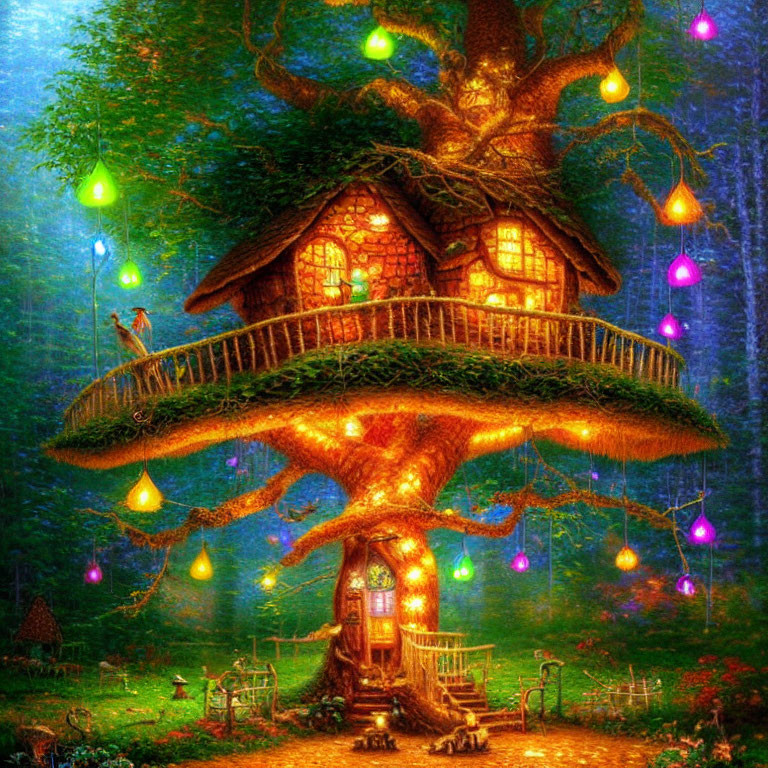 Glowing lanterns illuminate mystical forest treehouse