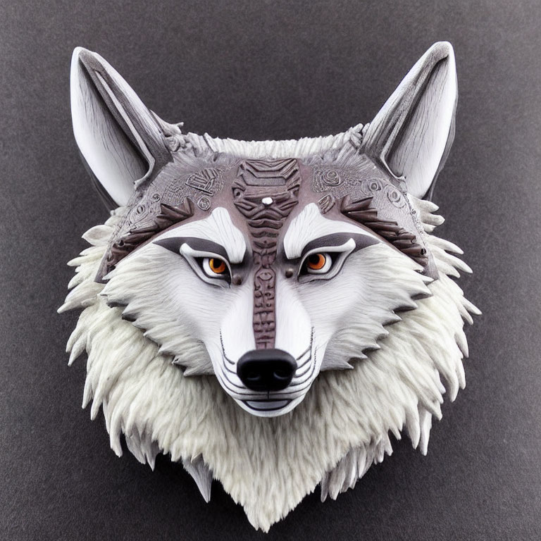 Intricate Wolf Mask with Amber Eyes on Black Background
