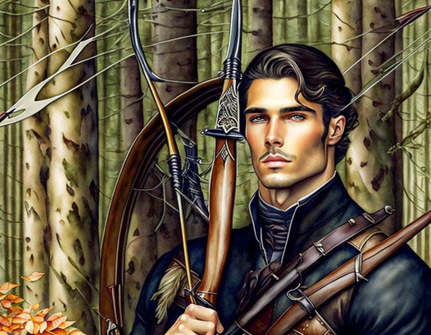 Male elf with bow in mystical forest setting