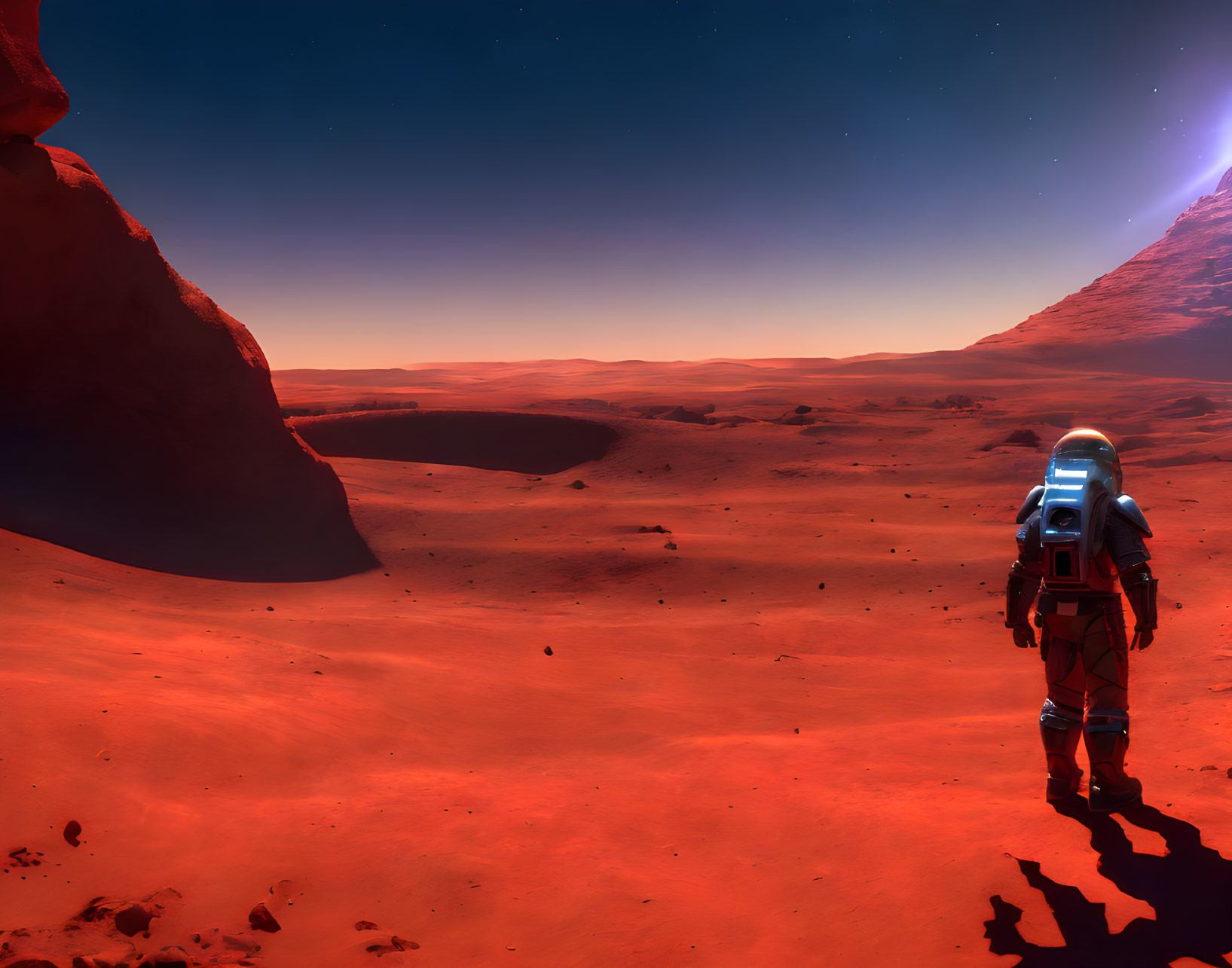 Astronaut exploring red Martian landscape under starry sky