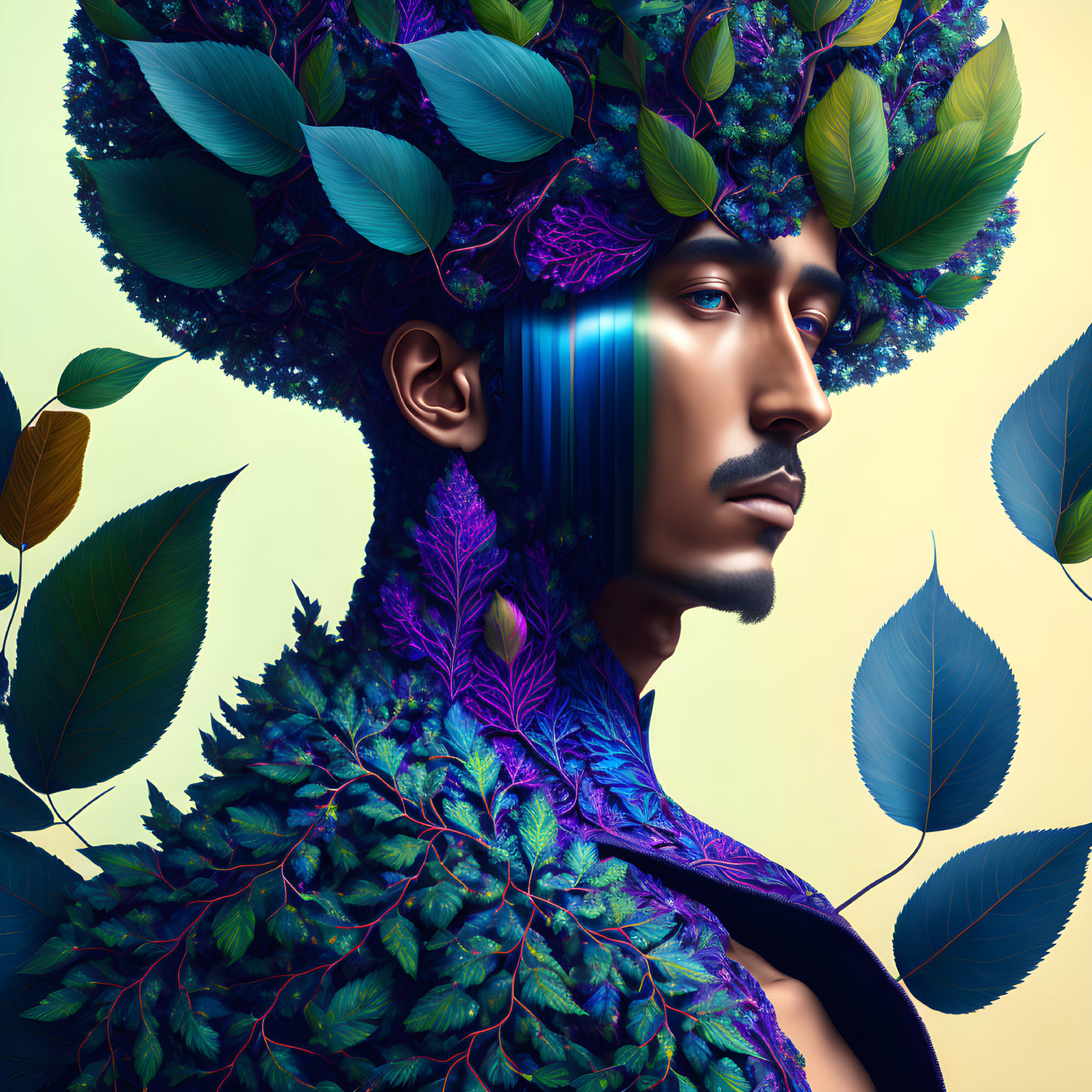 Man with Vibrant Leaf Headdress and Cloak in Digital Art