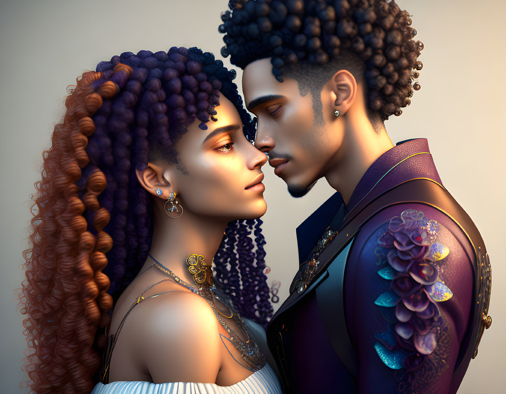 Detailed digital characters with curly hair in stylized clothing touching foreheads.