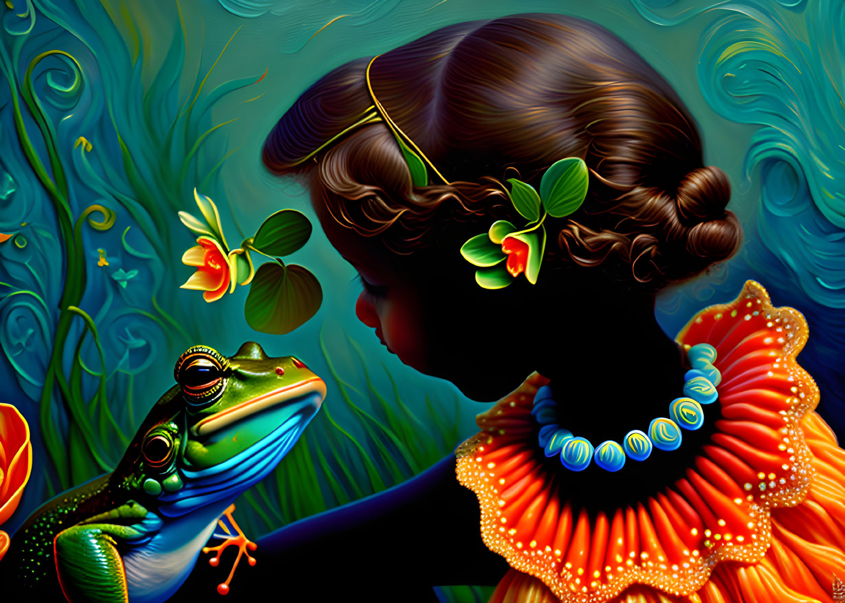Vibrant illustration of young girl in orange dress with frog on blue background
