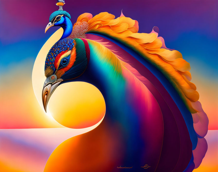 Colorful Peacock Artwork with Exaggerated Tail Feathers at Sunset