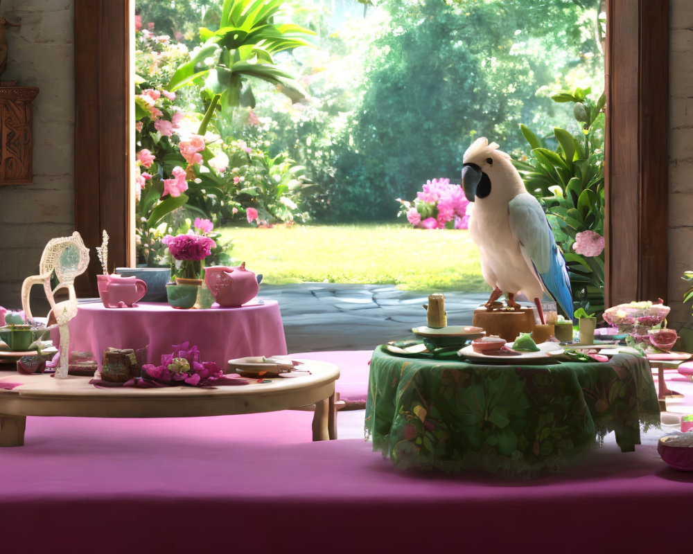 Colorful Parrot on Table with Tea and Cakes in Bright Room