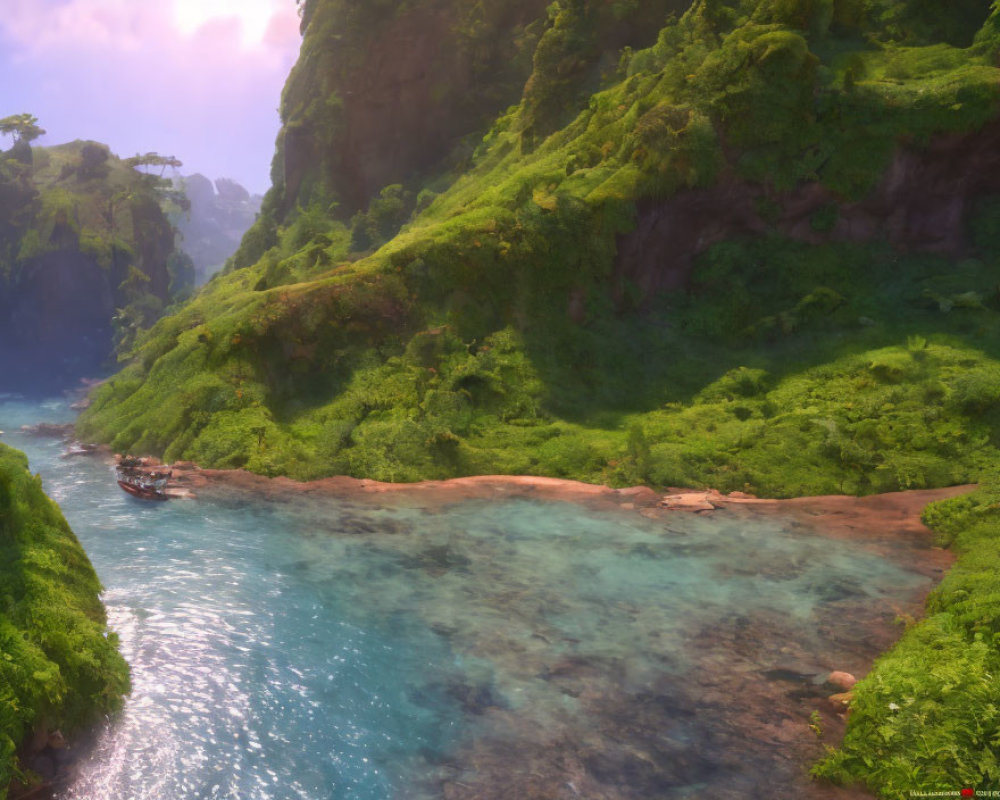 Tranquil sunlit valley with lush green cliffs and clear blue stream