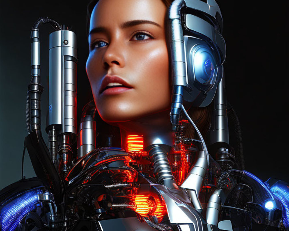 Detailed Digital Artwork: Woman with Realistic Face and Cybernetic Parts