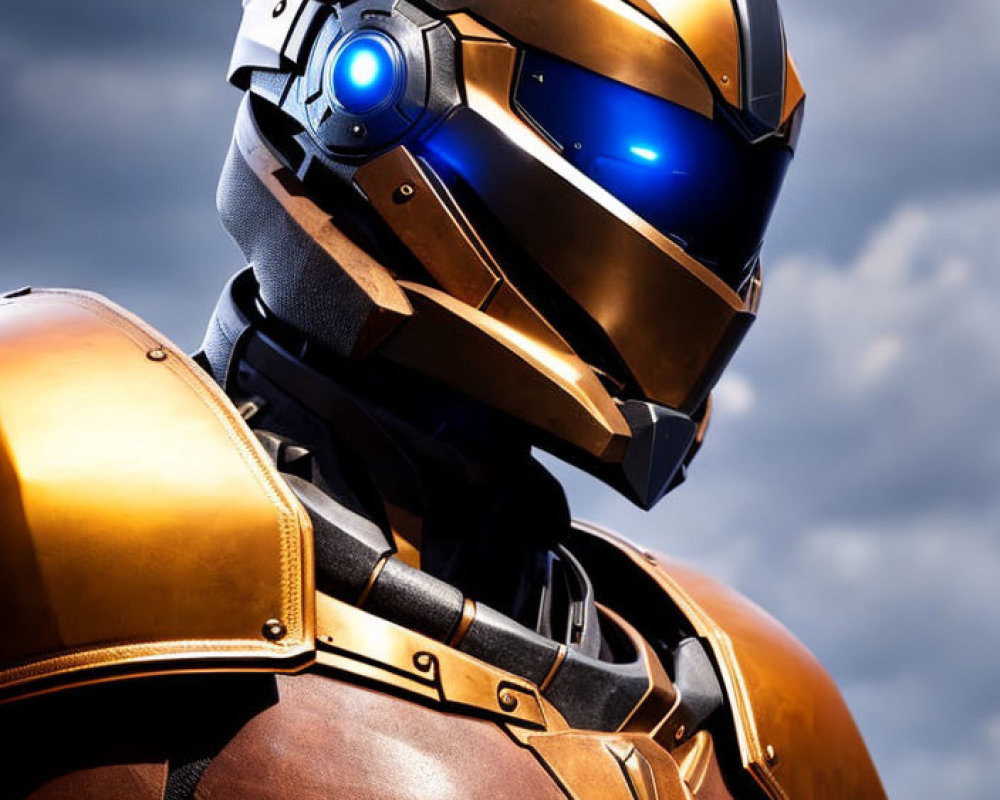 Futuristic armored suit with gold and silver helmet and blue visor against cloudy sky
