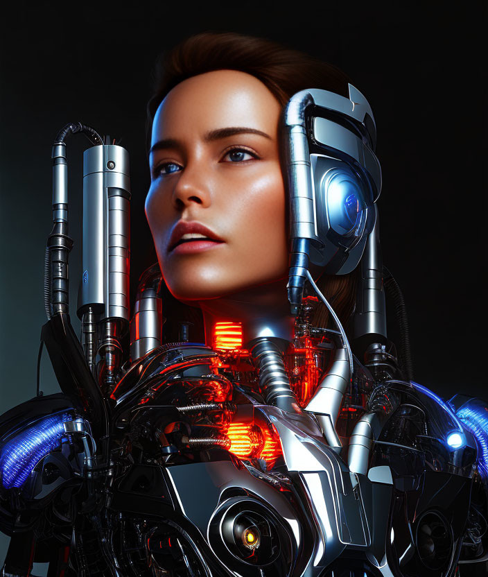 Detailed Digital Artwork: Woman with Realistic Face and Cybernetic Parts