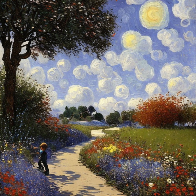 Child walking on path through colorful flower fields with swirling starry sky and tree.