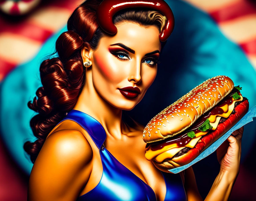 Illustration of woman with red lipstick holding hamburger in blue dress