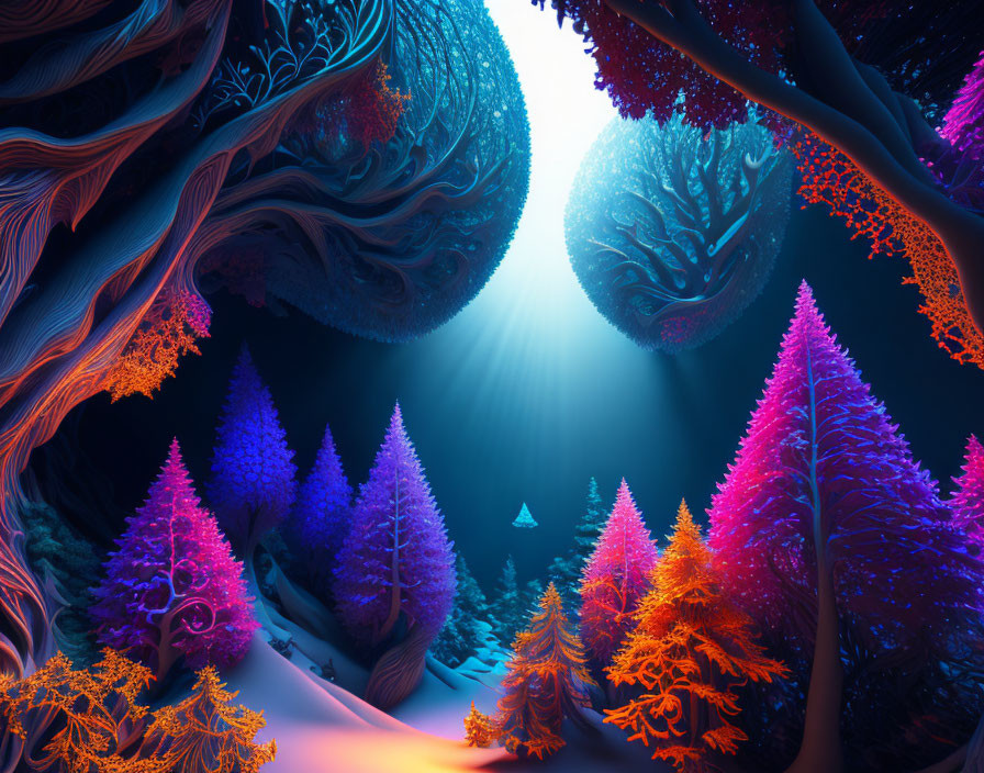 Colorful Neon Forest Under Deep Blue Sky: Serene and Mystical Glow