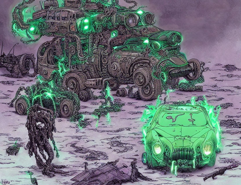 Glowing green cyborgs and machines in dystopian landscape