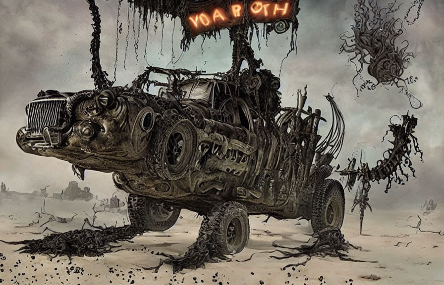 Decrepit, skull-like vehicle hovers over post-apocalyptic landscape