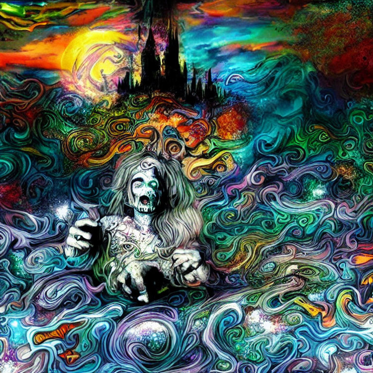 Colorful psychedelic art: Skeleton surrounded by swirling colors, dark castle, multicolored sky