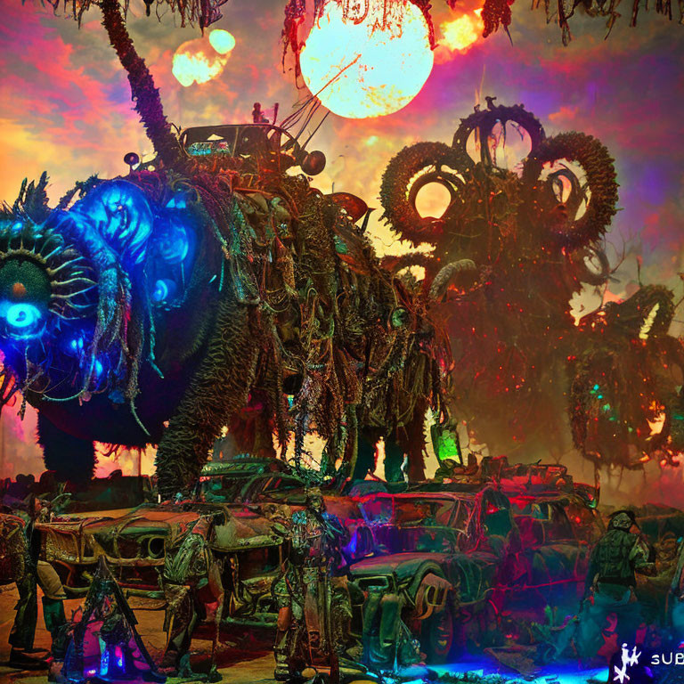 Fantastical scene with large creature and glowing spheres in colorful setting