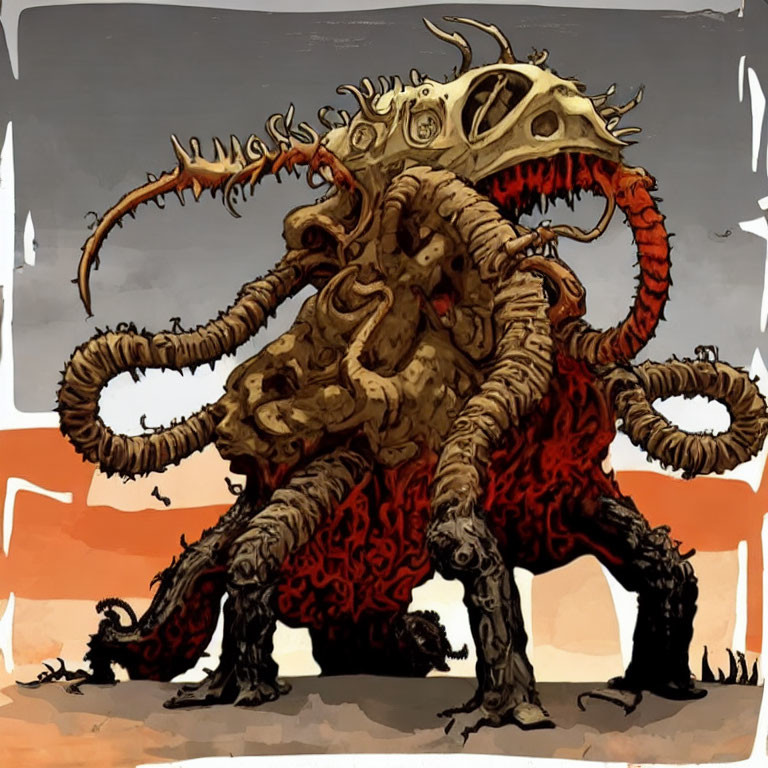 Monstrous creature with tentacles, claws, and teeth on muted background