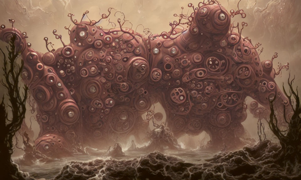 Fantastical creature with multiple eyes and tentacles in murky landscape