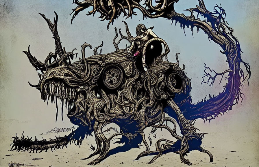 Dark surreal artwork featuring person on twisted thorn-covered vehicle