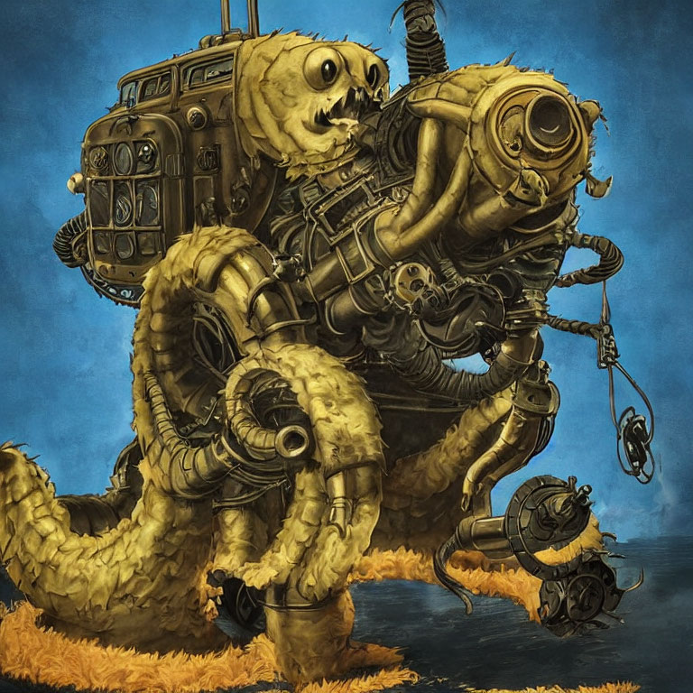 Surreal mechanical monster with tentacles & skull face on blue sky & yellow ground
