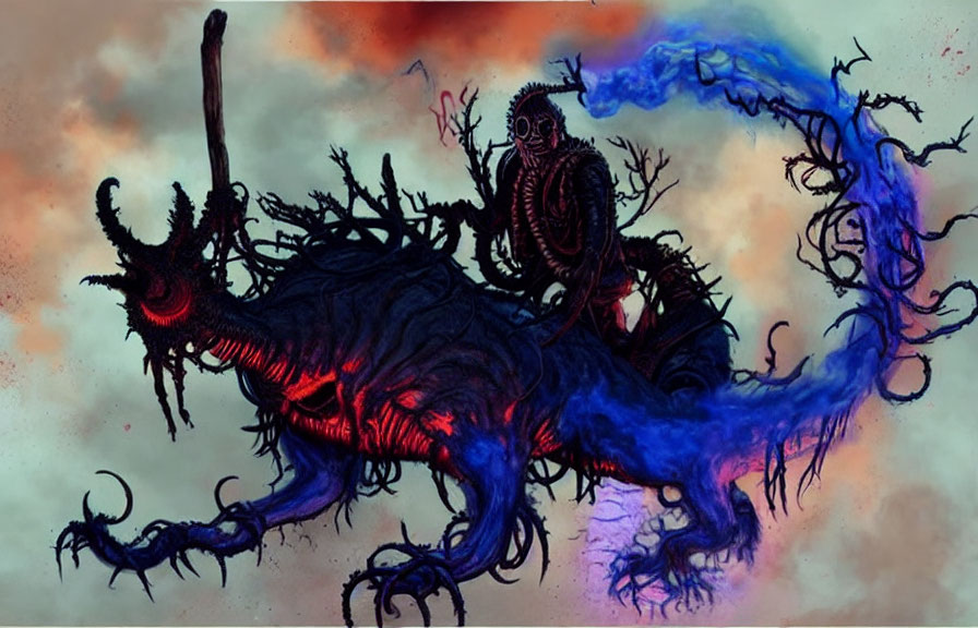 Fantastical creature with blue tentacles and humanoid figure on fiery backdrop
