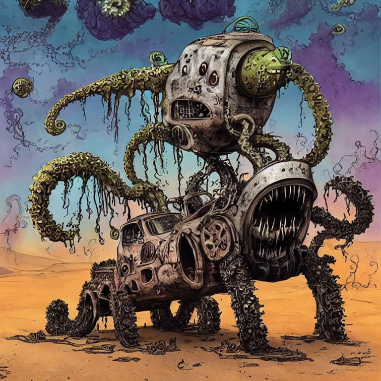 Robotic creature with tentacle arms and stacked heads in surreal desert