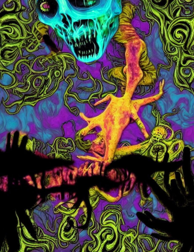 Colorful Psychedelic Art with Blue Skull and Orange Figure