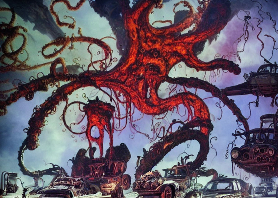 Gigantic red kraken creature amidst steampunk landscape