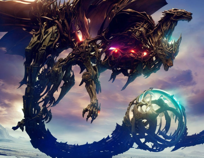 Majestic mechanical dragon with glowing red eyes and futuristic landscape