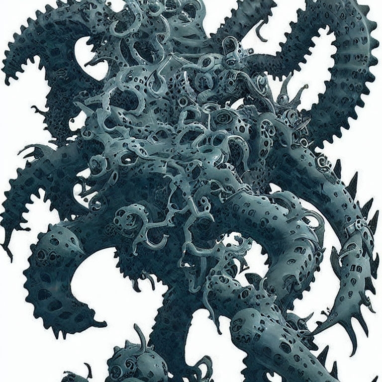 Detailed Illustration of Interconnected Octopuses in Blue & Grey
